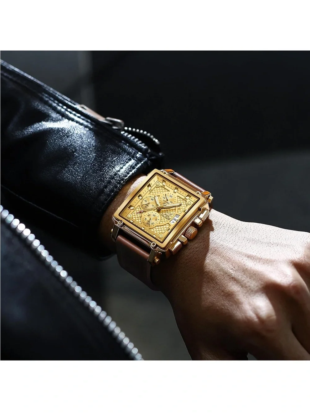 OLEVS Golden Square Chronograph Watch with Brown Leather Strap